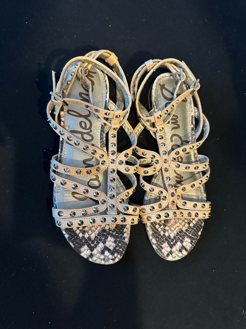 Sam Edelman Beige Studded Strappy Sandals with Snakeskin Print gladiator style 7